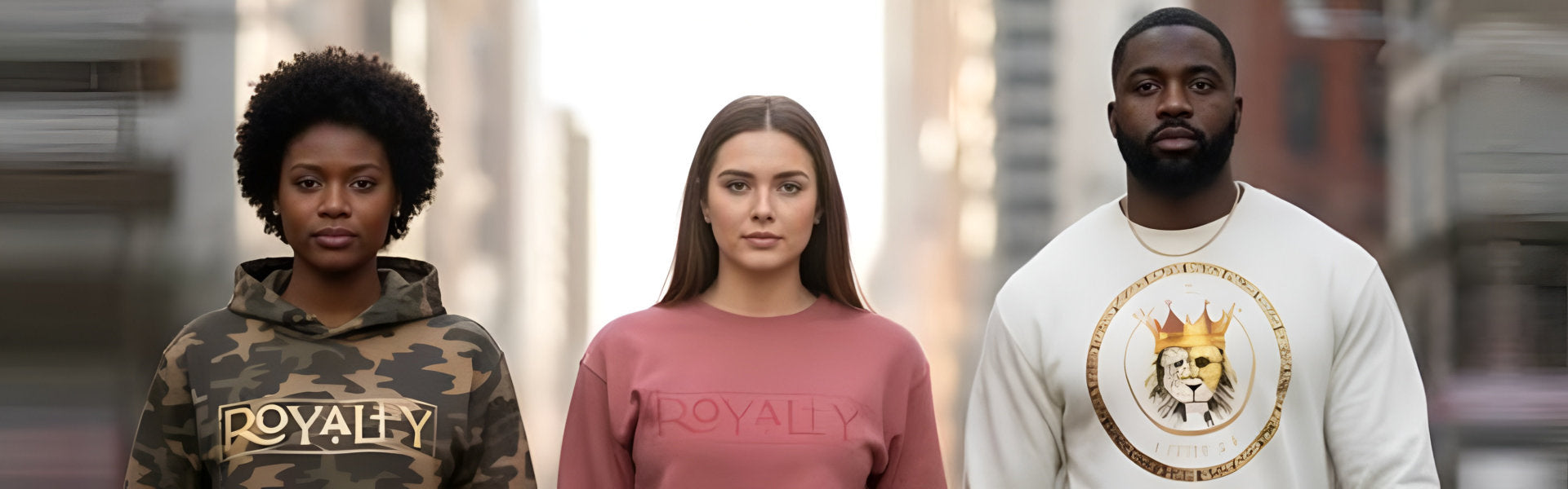 Three individuals wearing Royalty branded clothing, standing in an urban setting with blurred faces.