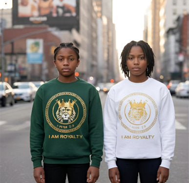 Two individuals wearing I AM ROYALTY sweatshirts with lion and crown designs stand on a busy city street.
